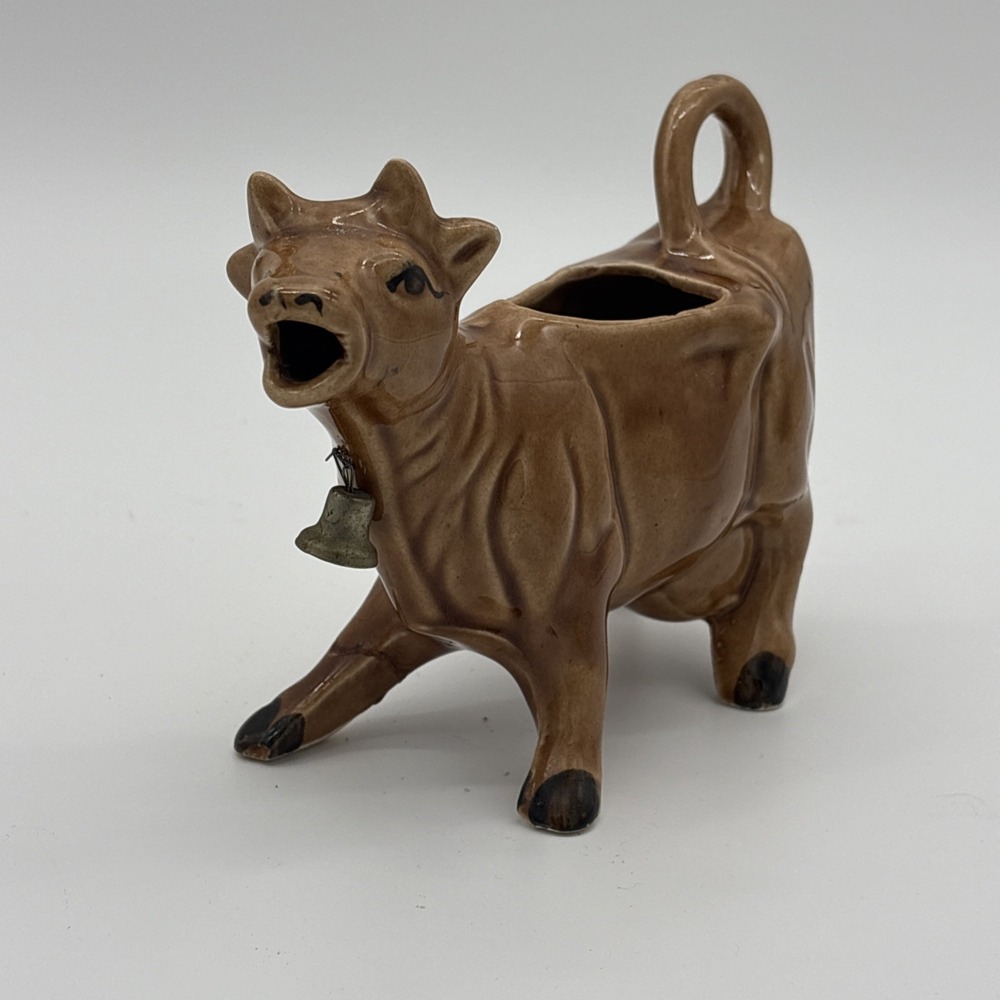 Vintage Ceramic Jersey Cow Creamer Brown Glazed Novelty Pitcher with Cowbell - Picture 2 of 8
